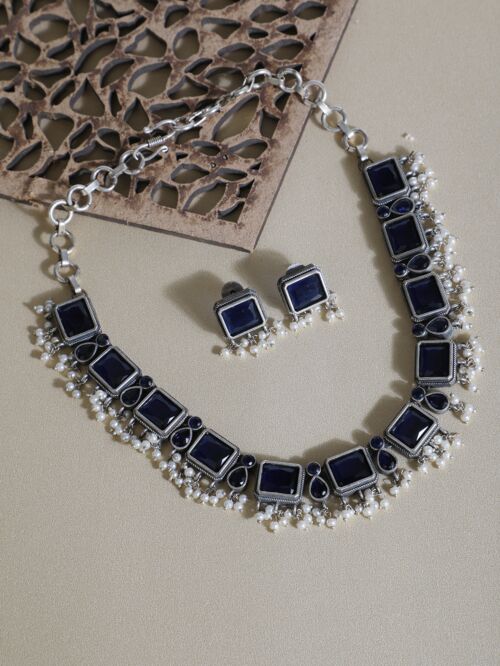 Blue Silver Tone Handcrafted Brass Necklace With Earrings Set Of 2