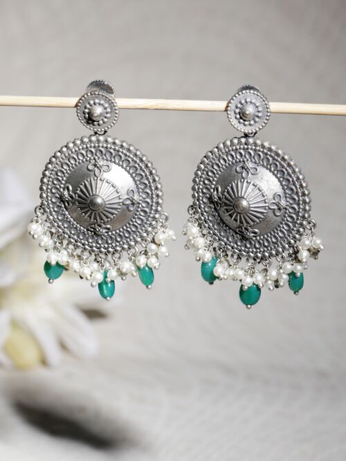 Green Silver Tone Handcrafted Brass Stud Earrings