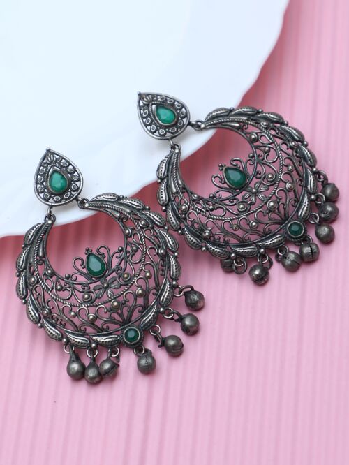 GREEN SILVER TONE HANDCRAFTED BRASS EARRINGS