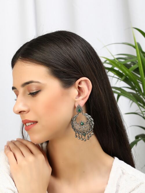 GREEN SILVER TONE HANDCRAFTED BRASS EARRINGS