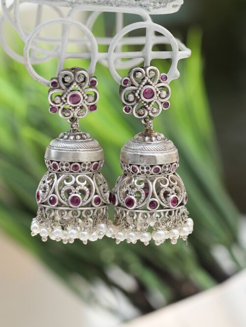 Red Silver Tone Brass Jhumka