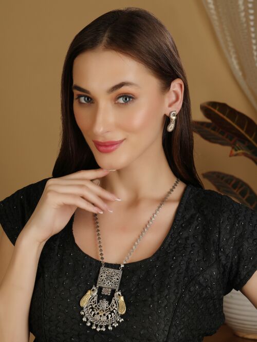 Handcrafted Dual Tone Brass Necklace With Earrings Set Of 2