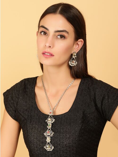Multicolor Dual Tone Brass Necklace With Earrings Set Of 2