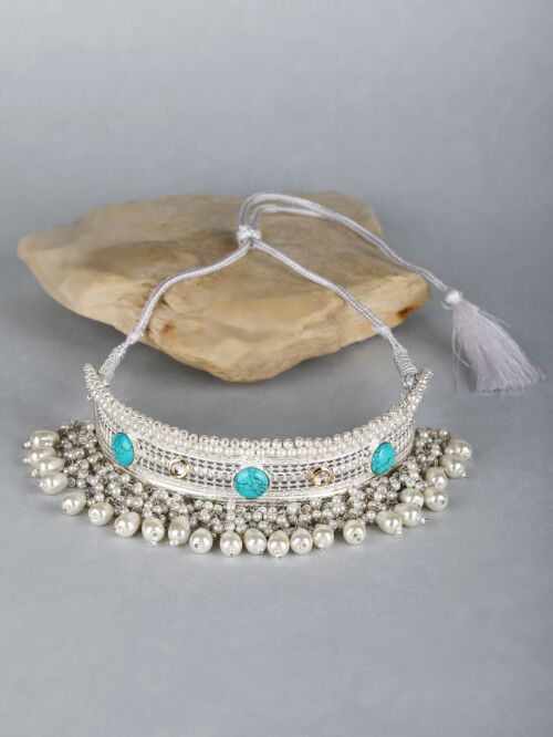 White Beads Style Silver Tone Necklace