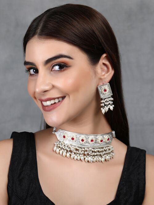 Red Stone Silver Tone Set Of Necklace & Earrings