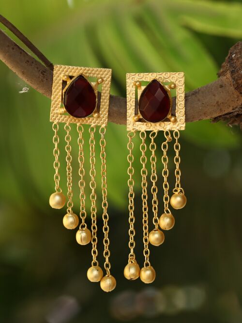 Red Stone Golden Beats Matte Gold Earrings