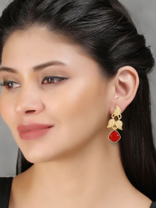 Red Stone Matte Gold Earrings