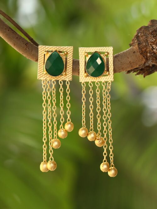 Green Stone Golden Beats Matte Gold Earrings