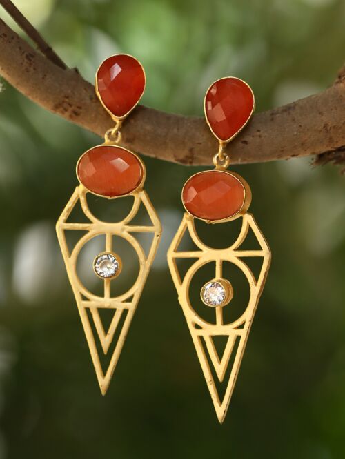 Red Stone Matte Gold Earrings