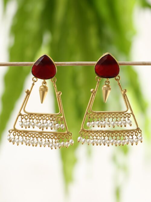 Handcrafted Red Stone Matte Gold Earrings