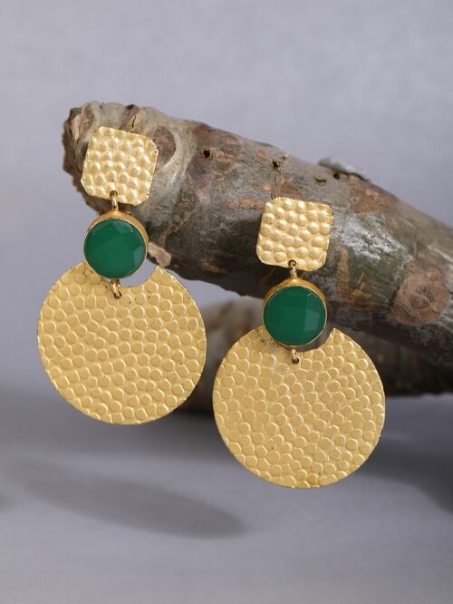 Round Shape Green Stone Matte Gold Earrings