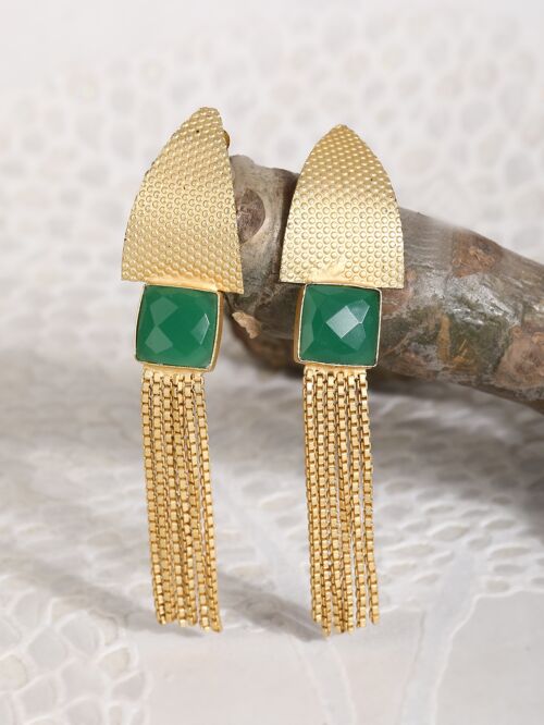 Handcrafted Green Stone Matte Gold Earrings