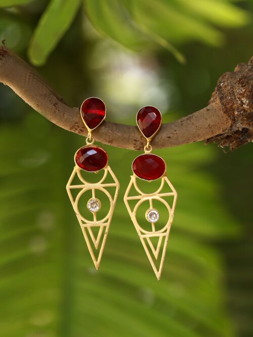 Red Stone Matte Gold Earrings