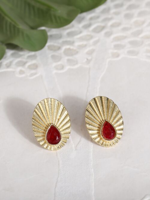 Miny Size Red Stone Matte Gold Earrings