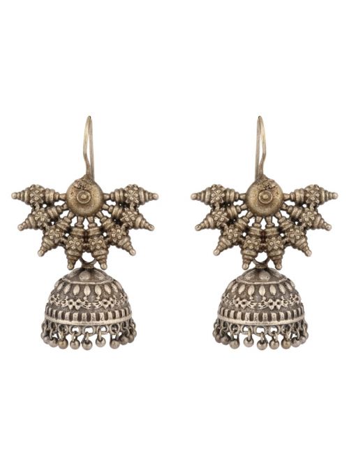 Silver Toned Floral Stud Handcrafted  Brass Jhumka